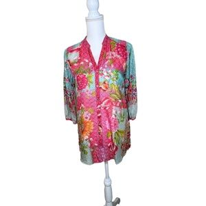 NWT Johnny Was Blouse Womens Size XXS Multicolor Patchwork Silk Bohemian Chic